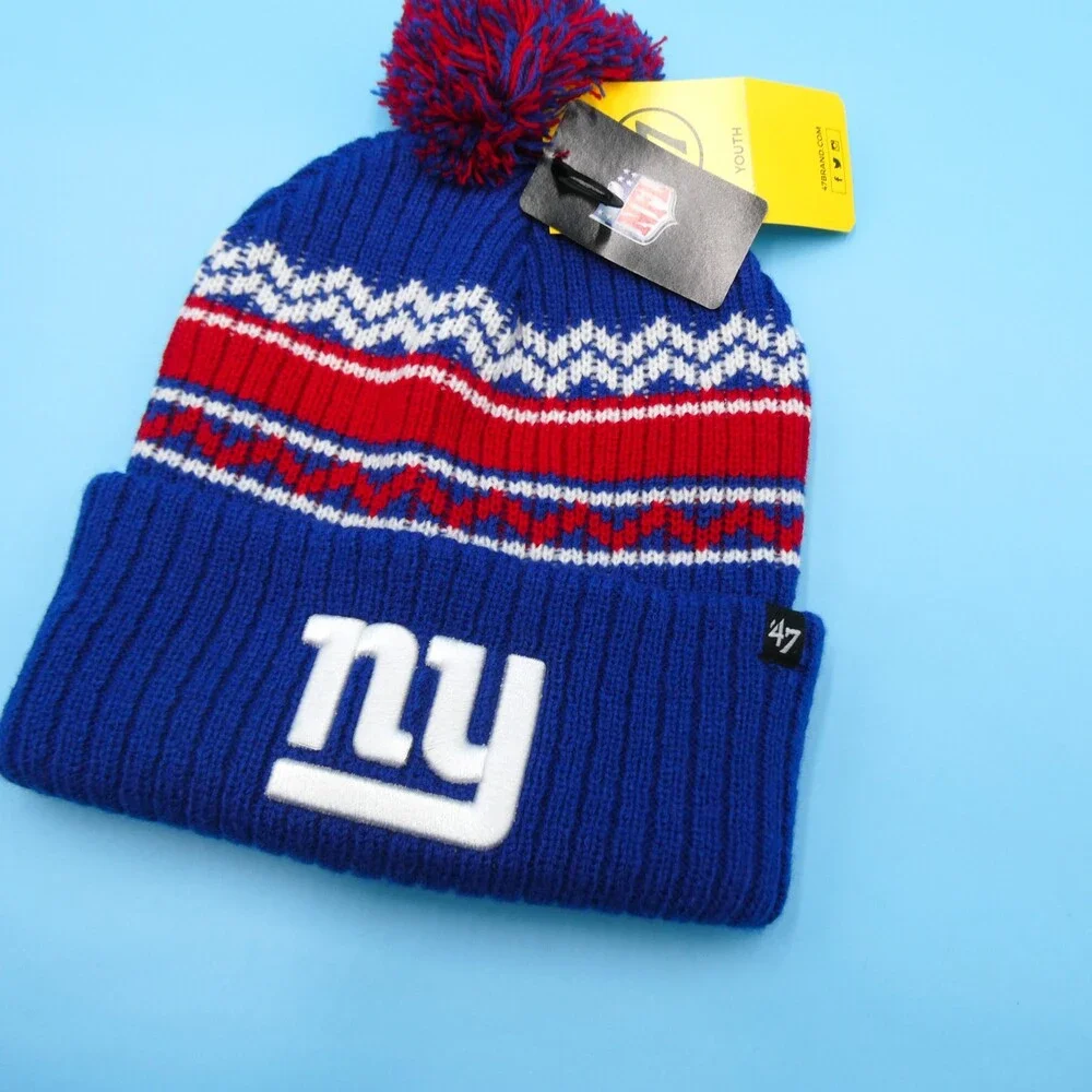 '47 Brand New York Giants Winter Hat Boys Blue Striped‎ Acrylic Beanie NFL Youth